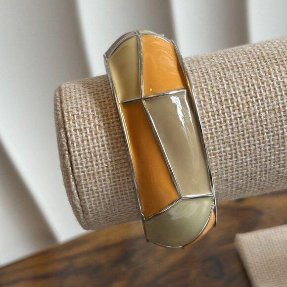 Vintage Enamel Clamper Bracelet Cuff Bangle Clamper Bracelet Orange Tan Yellow - Picture 3 of 7